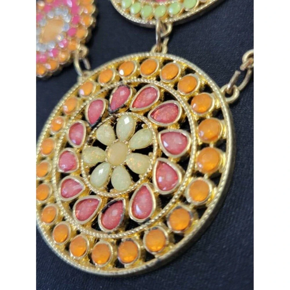 Vintage Mexican Bib Cascade Beaded Pendant Chain Necklace Orange Gold Green Red